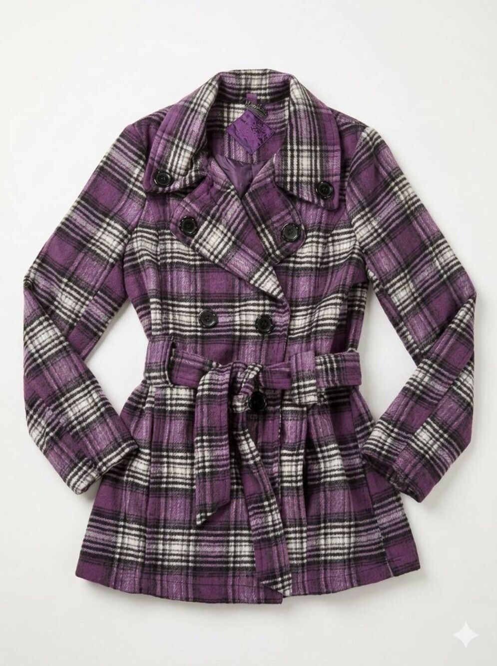 ☔️🔸️Jou Jou Purple Plaid Belted Wool Double Breasted Peacoat Jacket Medium